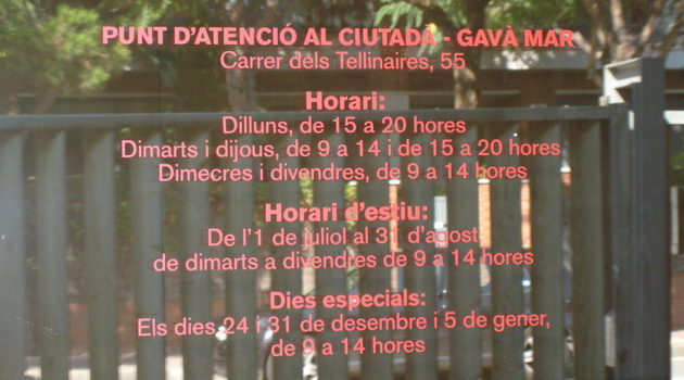 Horarios del Punto de Atenci&oacute;n al Ciudadano del Ayuntamiento de Gav&agrave; situado en el Centro C&iacute;vico de Gav&agrave; Mar